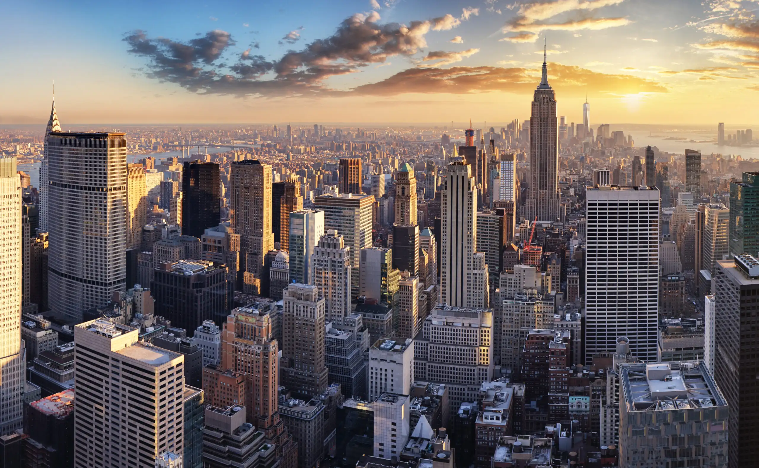 The New York City skyline at sunset